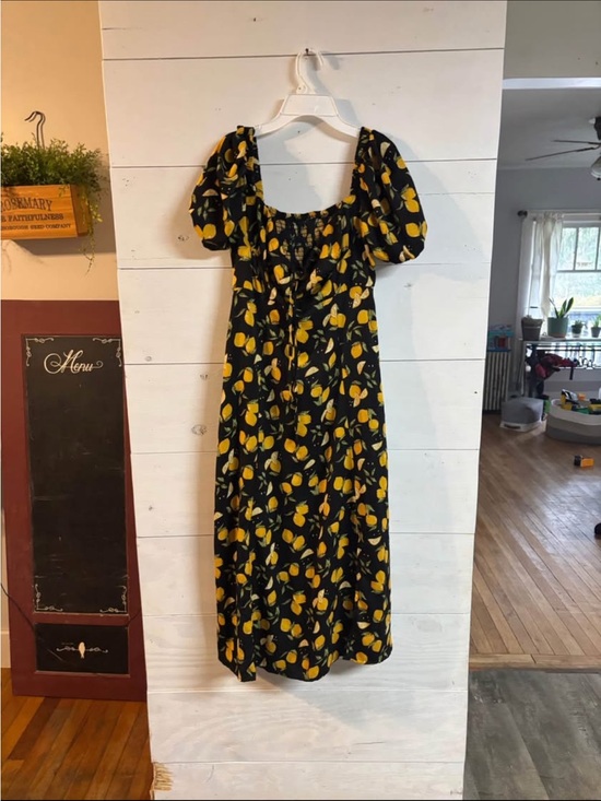 Cider Dresses & Skirts - Cider Black Midi Dress with Yellow Lemon Print
